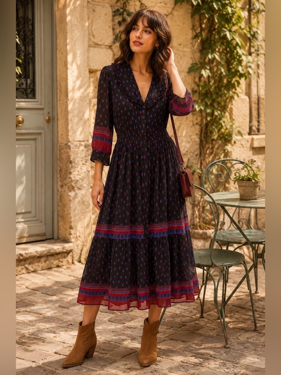 ba&sh Dresses & Skirts - ba&sh Barie Noir Geometric Print Ruffle Midi Dress Size 3 US 10 Parisian Boho
